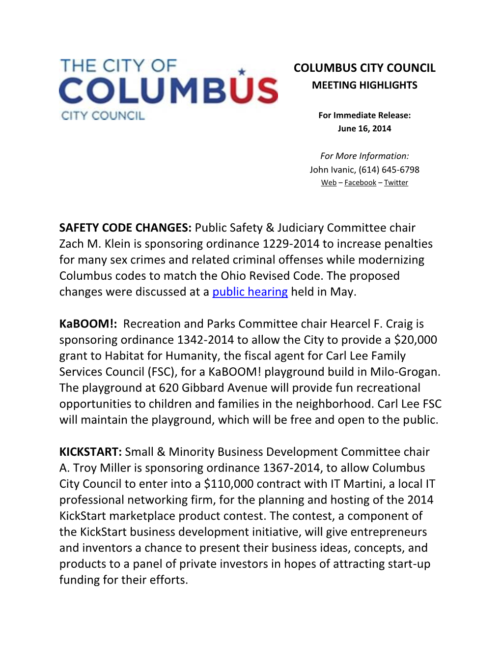 COLUMBUS CITY COUNCIL SAFETY CODE CHANGES: Public Safety