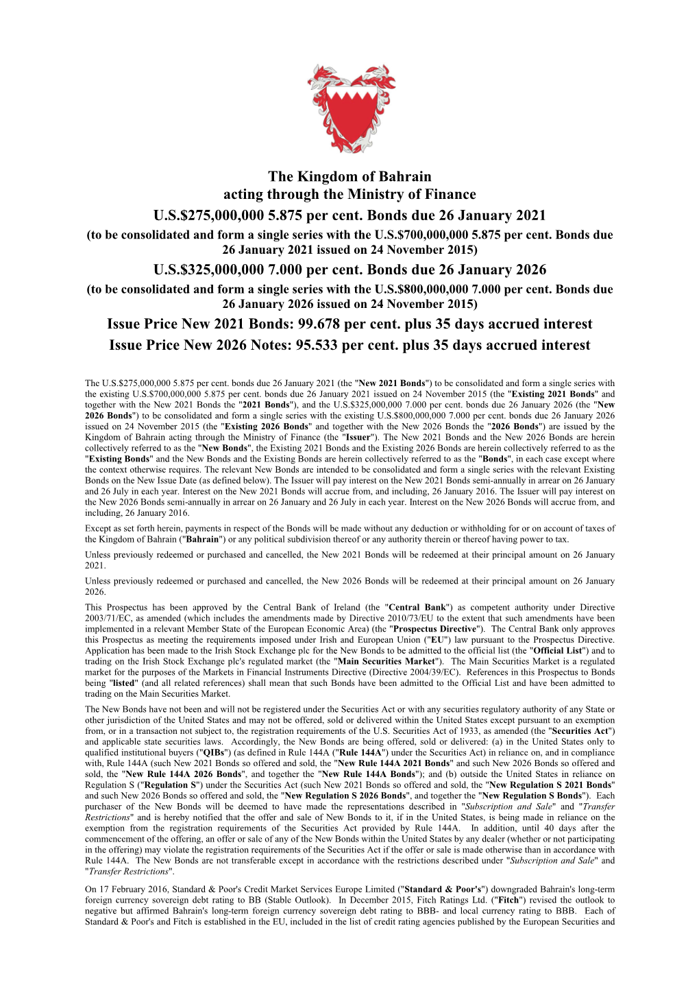 The Kingdom of Bahrain Acting Through the Ministry of Finance U.S.$275,000,000 5.875 Per Cent