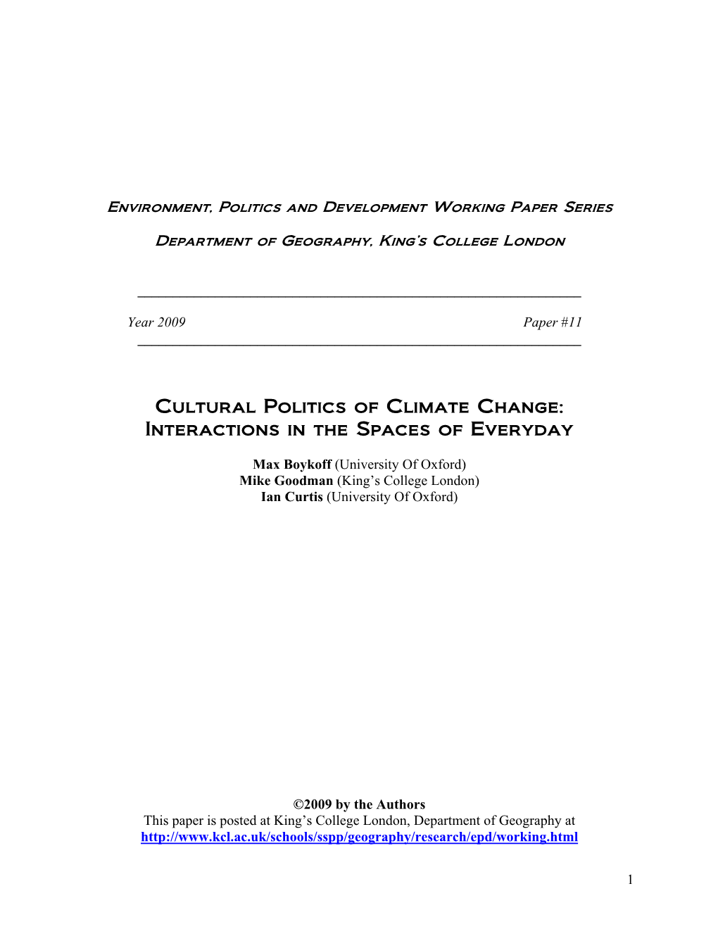 The Cultural Politics of Climate Change: Interactions in the Spaces of Everyday (Mass Media, Celebrities, Ngos and S