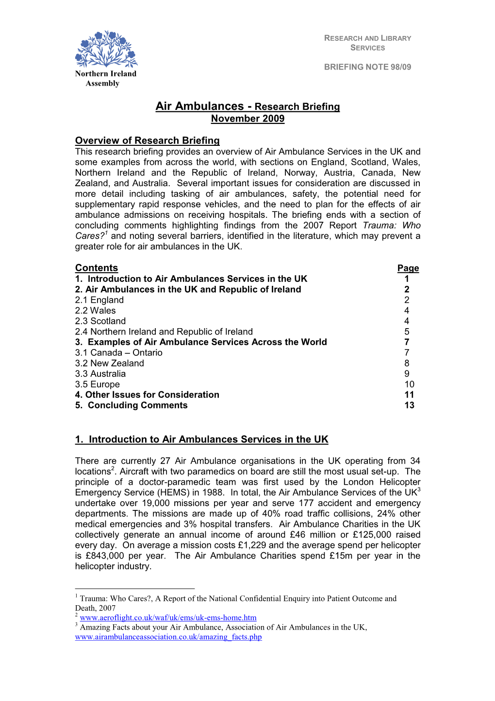 Air Ambulances - Research Briefing November 2009