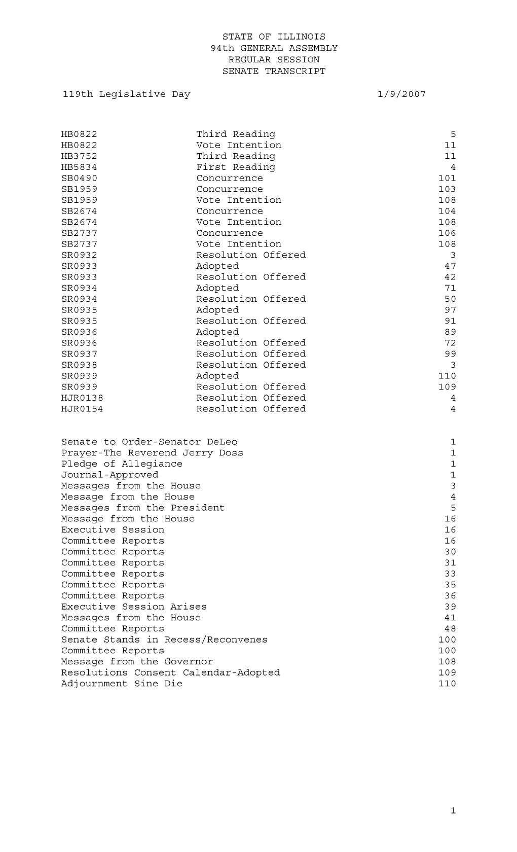 STATE of ILLINOIS 94Th GENERAL ASSEMBLY REGULAR SESSION SENATE TRANSCRIPT