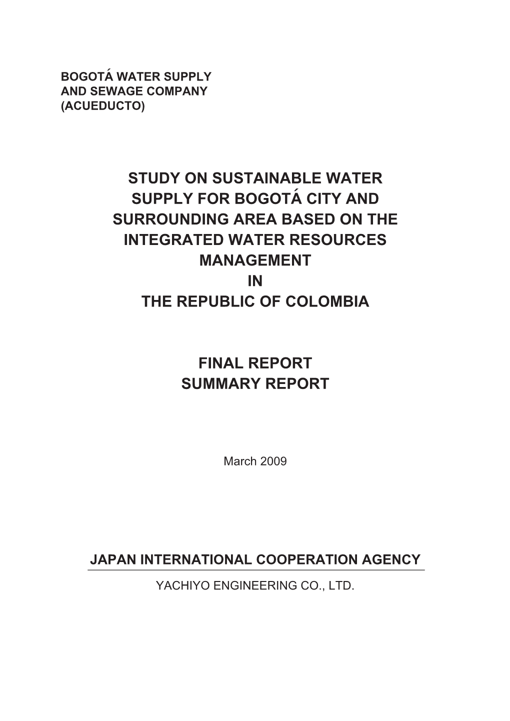 Study on Sustainable Water Supply for Bogota City And