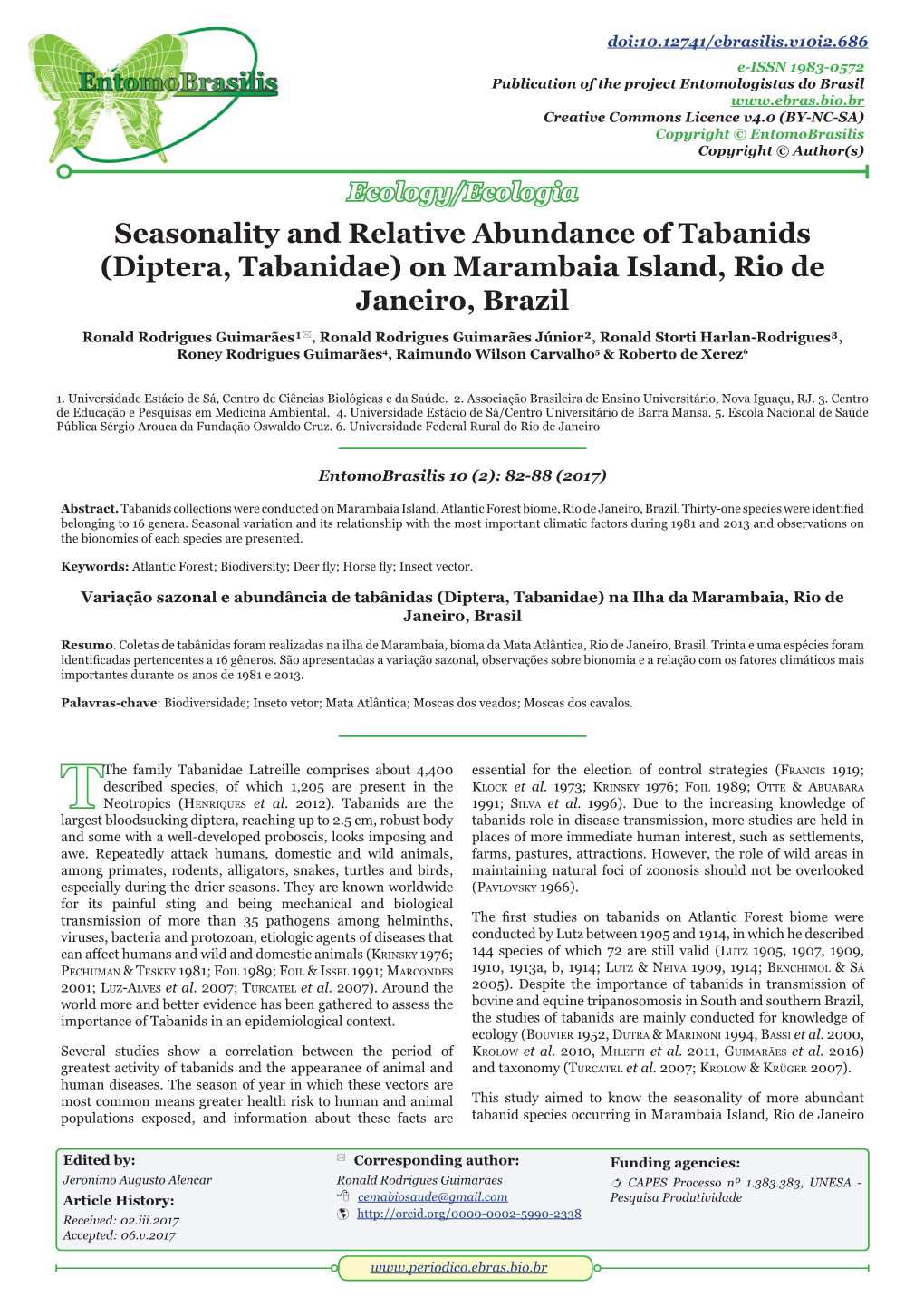 Seasonality and Relative Abundance of Tabanids (Diptera, Tabanidae) on Marambaia Island, Rio De Janeiro, Brazil