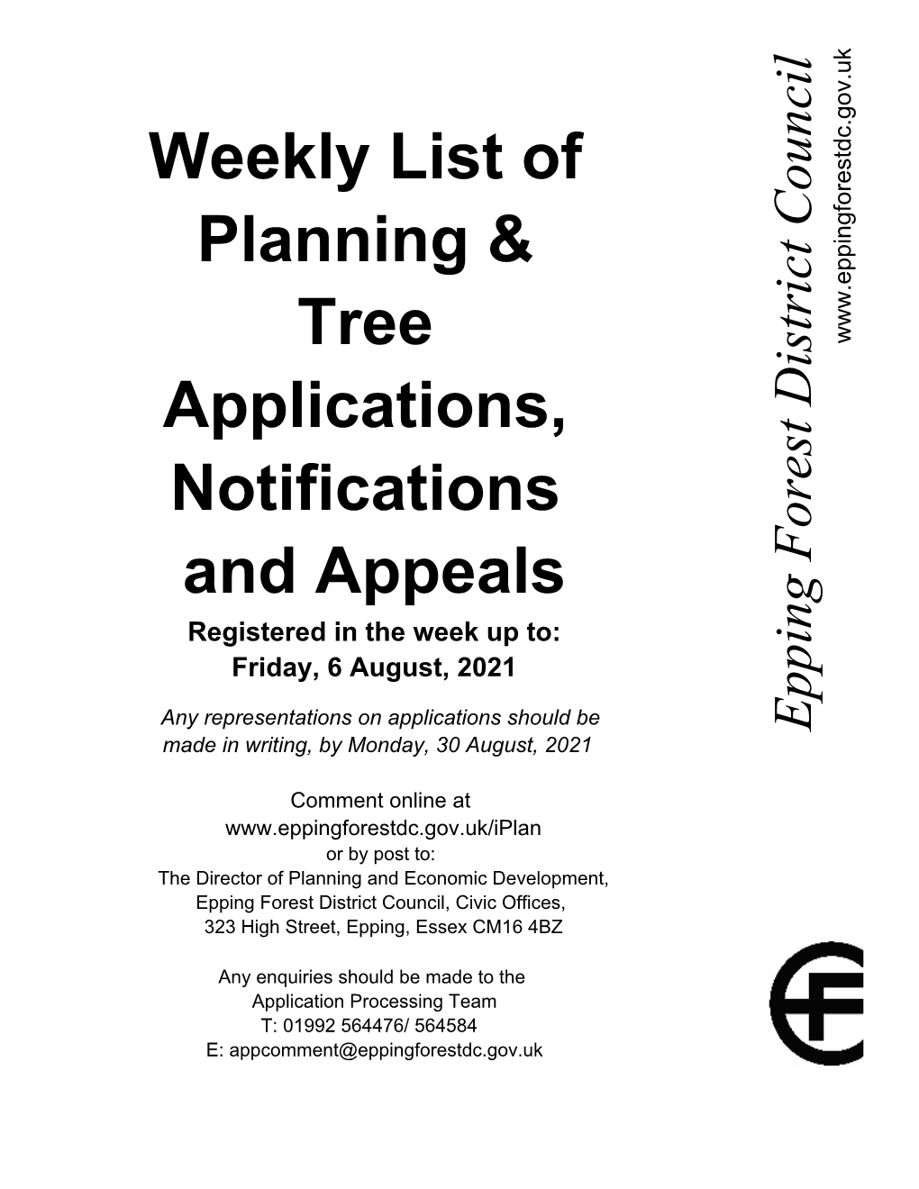 Weekly List of Planning & Tree Apllications, Notifications and Appeals