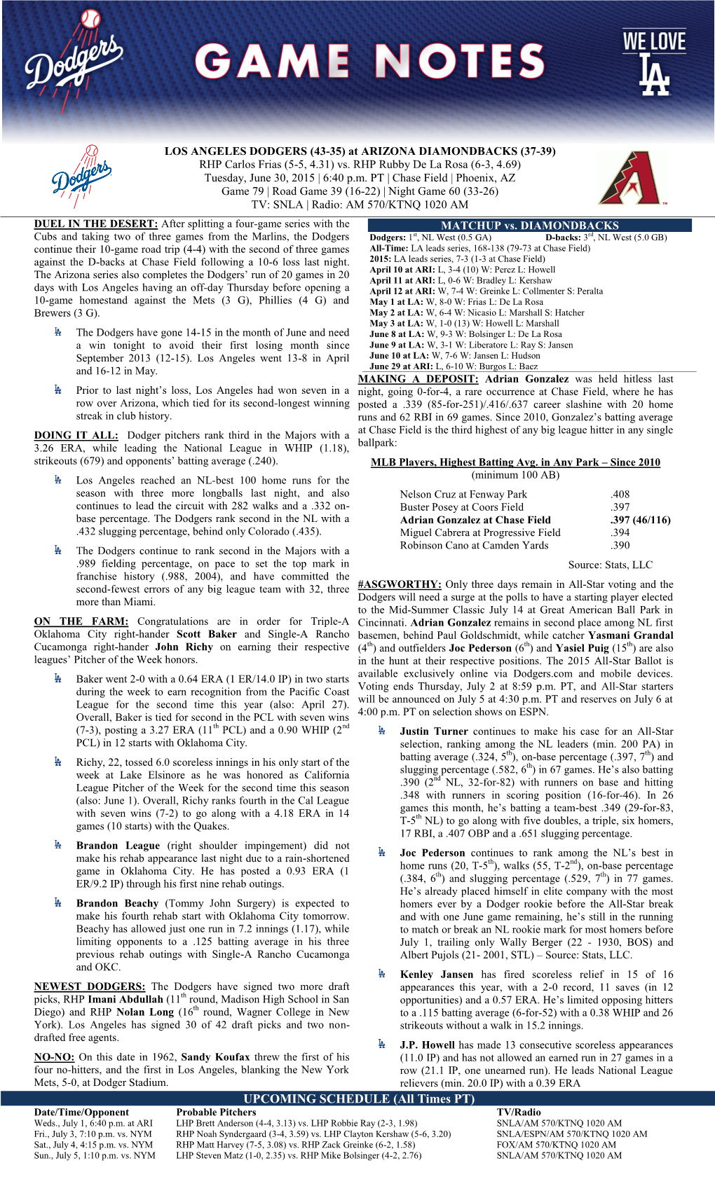 Times PT) Date/Time/Opponent Probable Pitchers TV/Radio Weds., July 1, 6:40 P.M