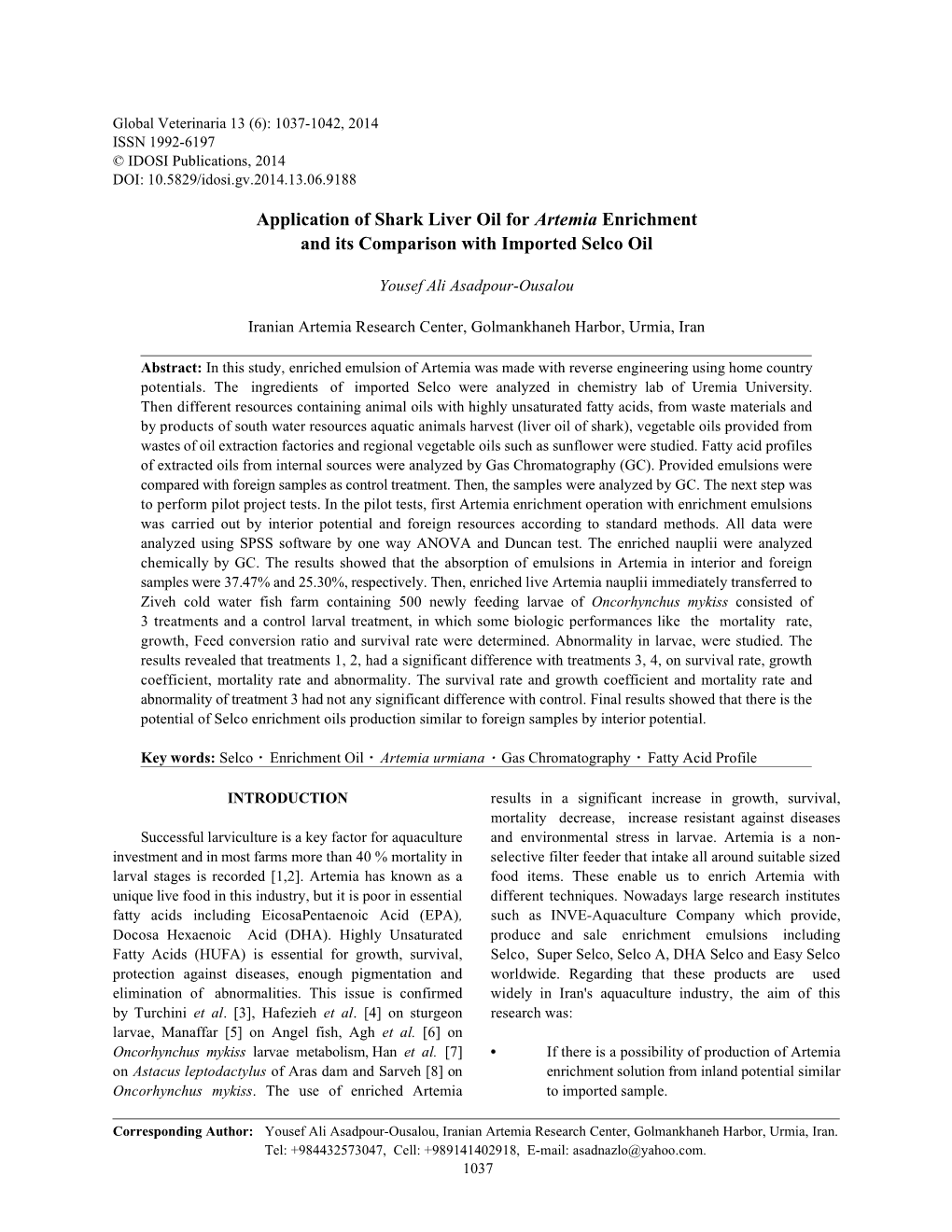 Application of Shark Liver Oil for Artemia Enrichment and Its Comparison with Imported Selco Oil