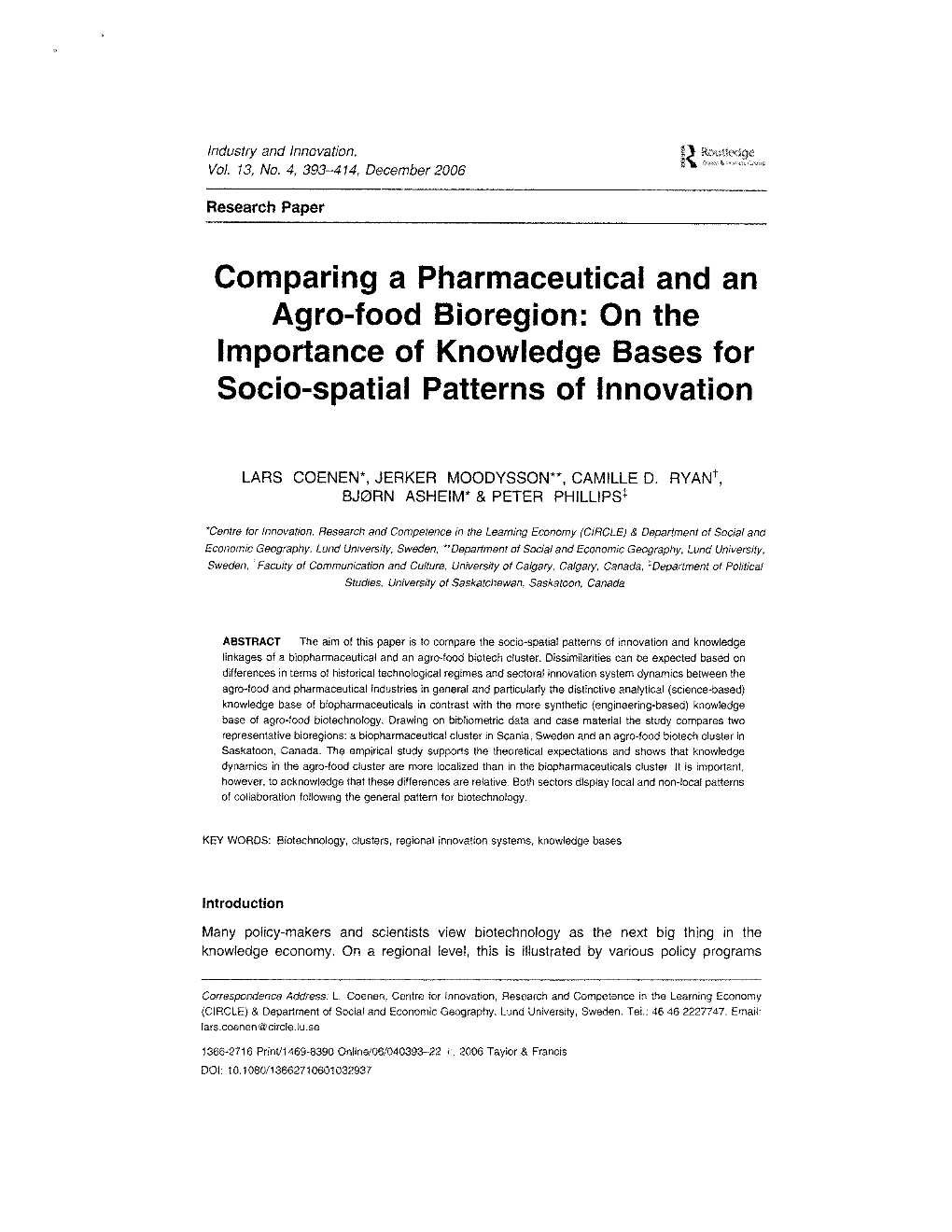 Comparing a Pharmaceutical and an Agro-Food Bioregion: on the Importance of Knowledge Bases for Socio-Spatial Patterns of Innovation