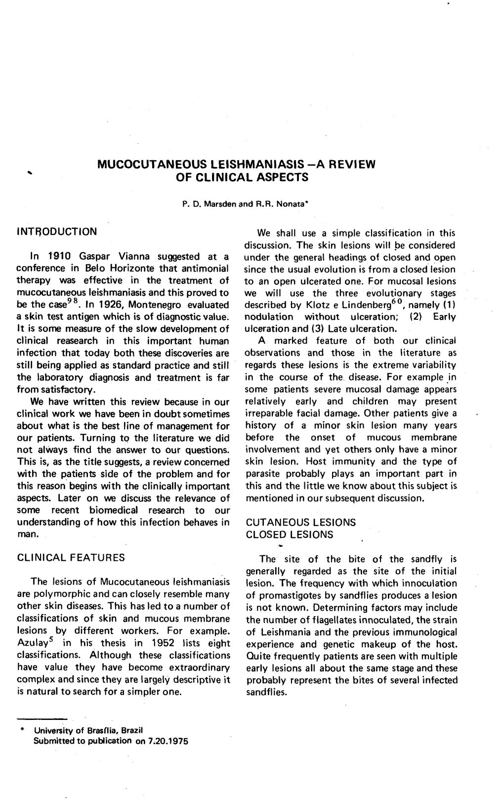 Mucocutaneous Leishmaniasis -A Review of Clinical Aspects