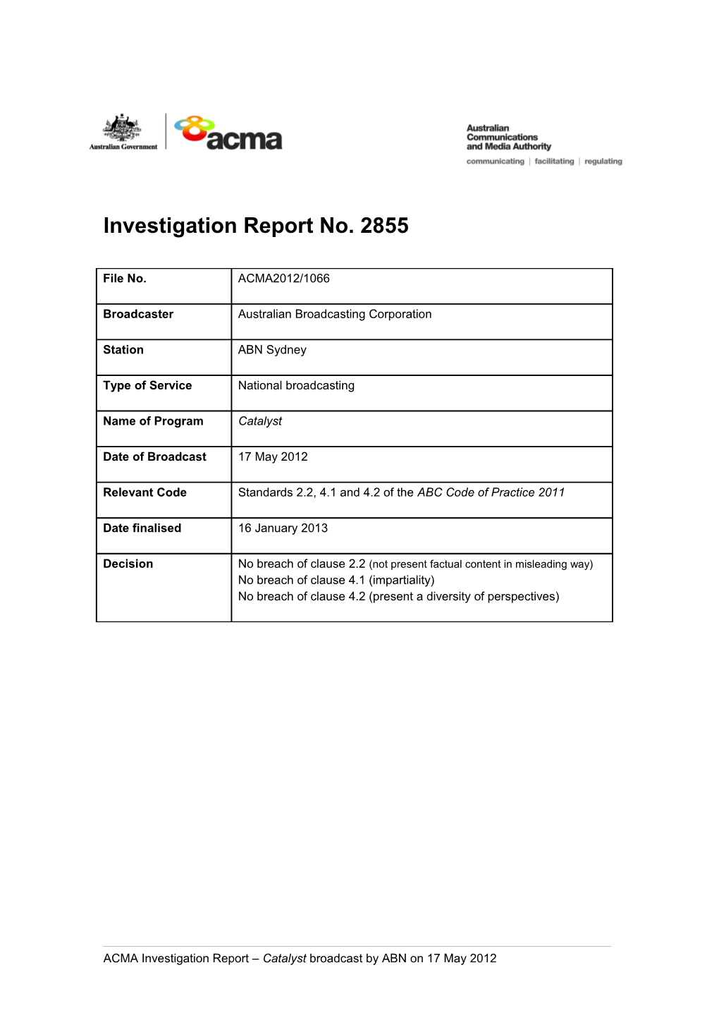 ABN Sydney - ACMA Investigation Report 2855