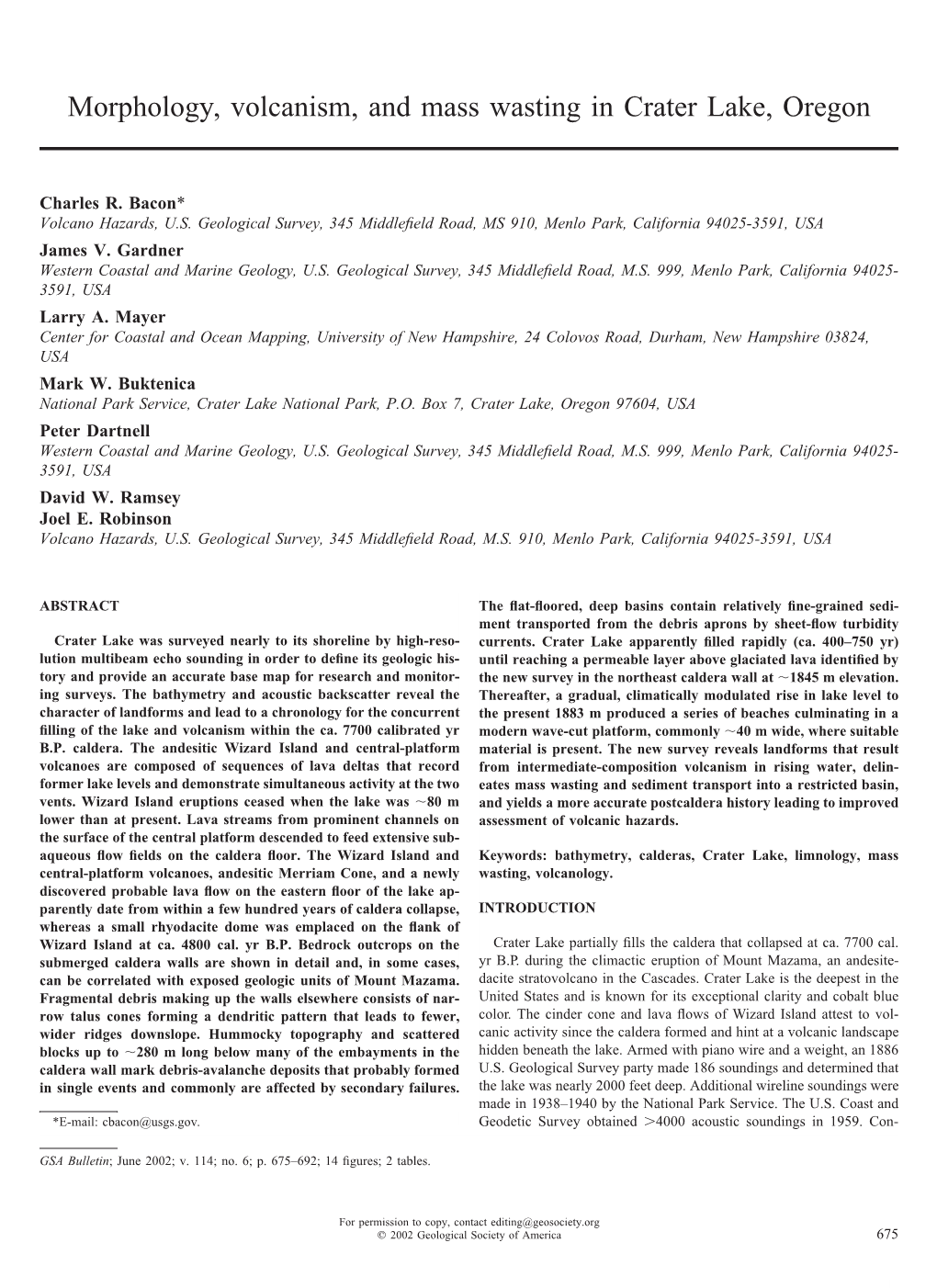 Morphology, Volcanism, and Mass Wasting in Crater Lake, Oregon