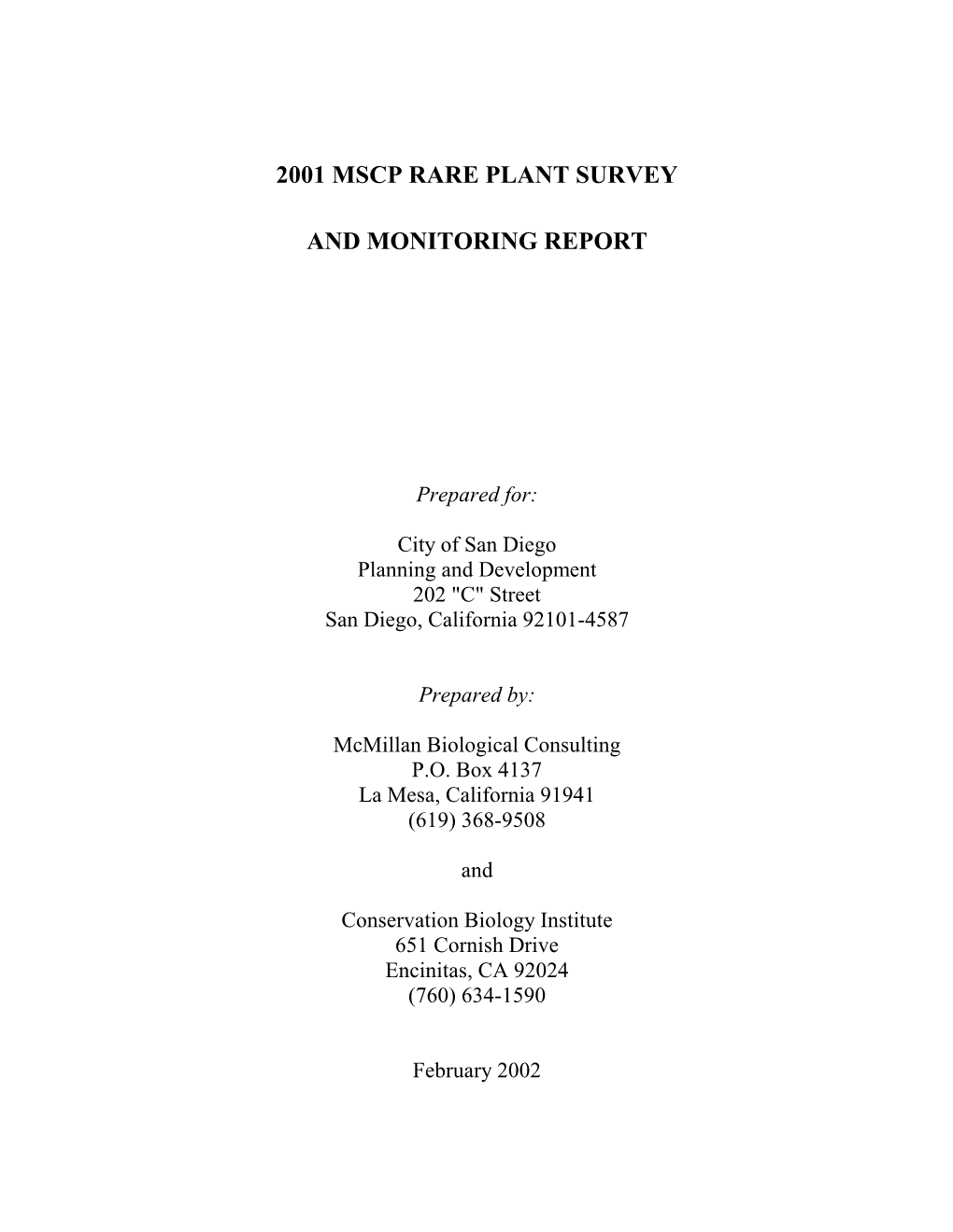 2001 MSCP Rare Plan Survey and Monitoring Report