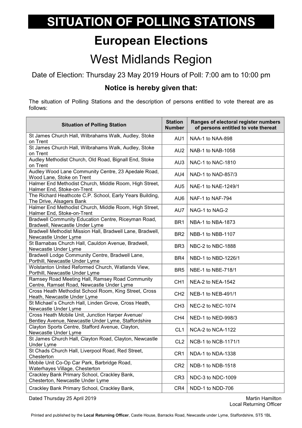 SITUATION of POLLING STATIONS European Elections West Midlands Region