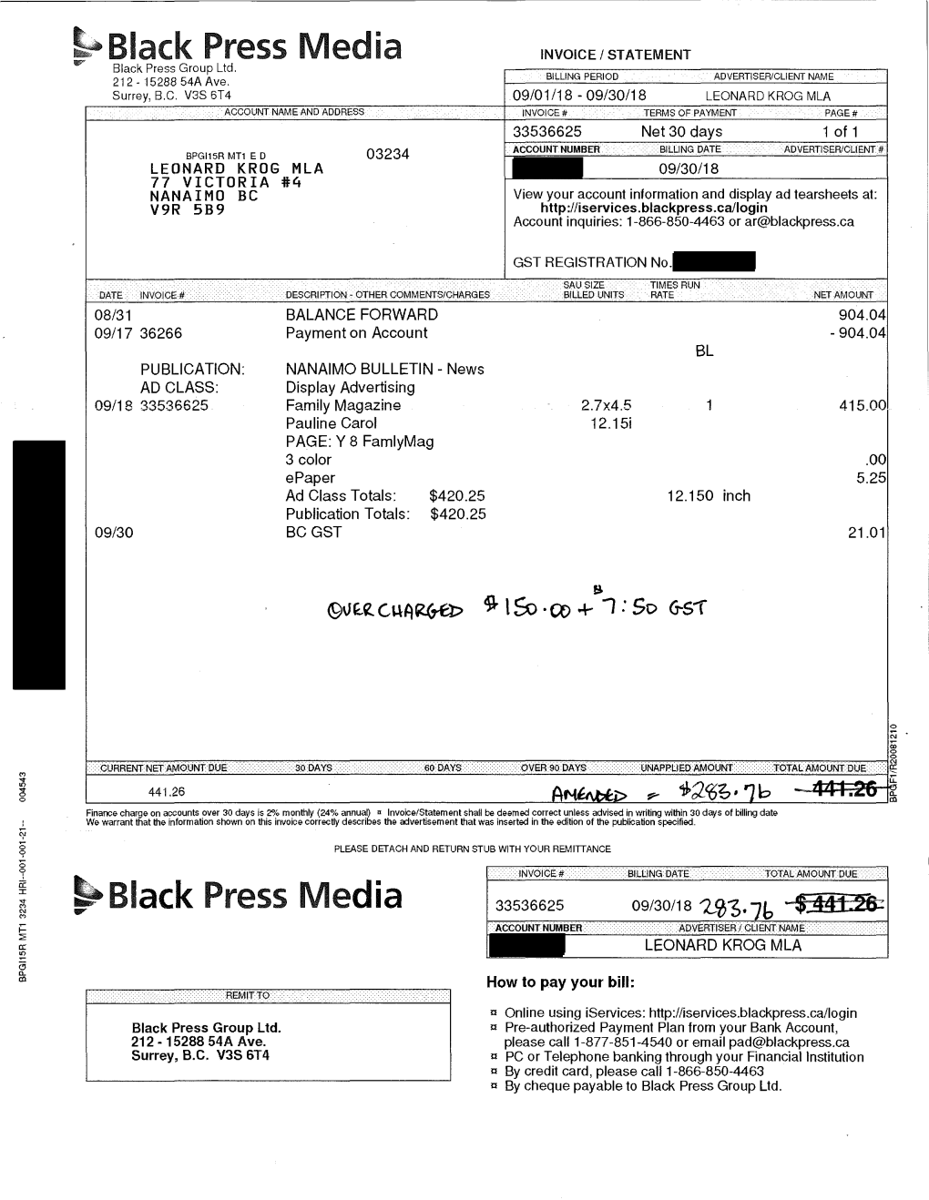 E Black Press Media INVOICE/STATEMENT Black Press Group Ltd