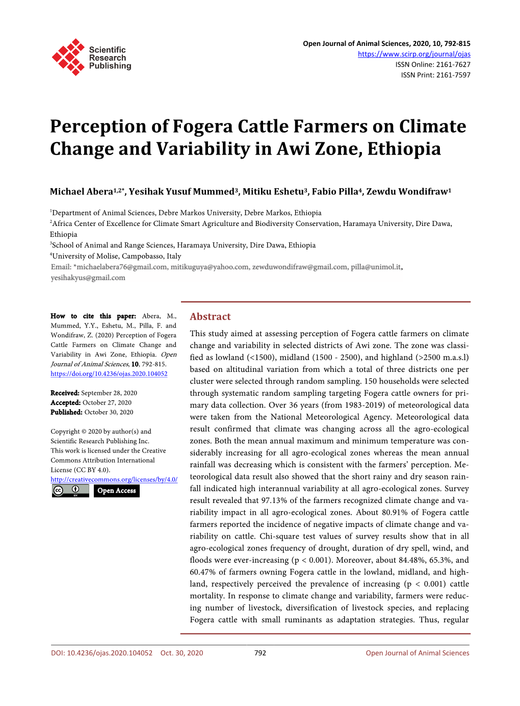 Perception of Fogera Cattle Farmers on Climate Change and Variability in Awi Zone, Ethiopia