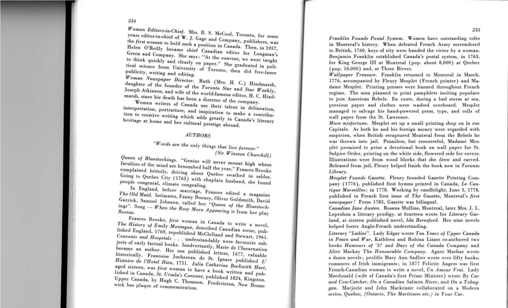 Women Editor S-In-Chief. Mrs. B. S. Mccool, Toronto, for Some Years Editor-In-Chief of W. J. Gage and Company, Publishers, Was T