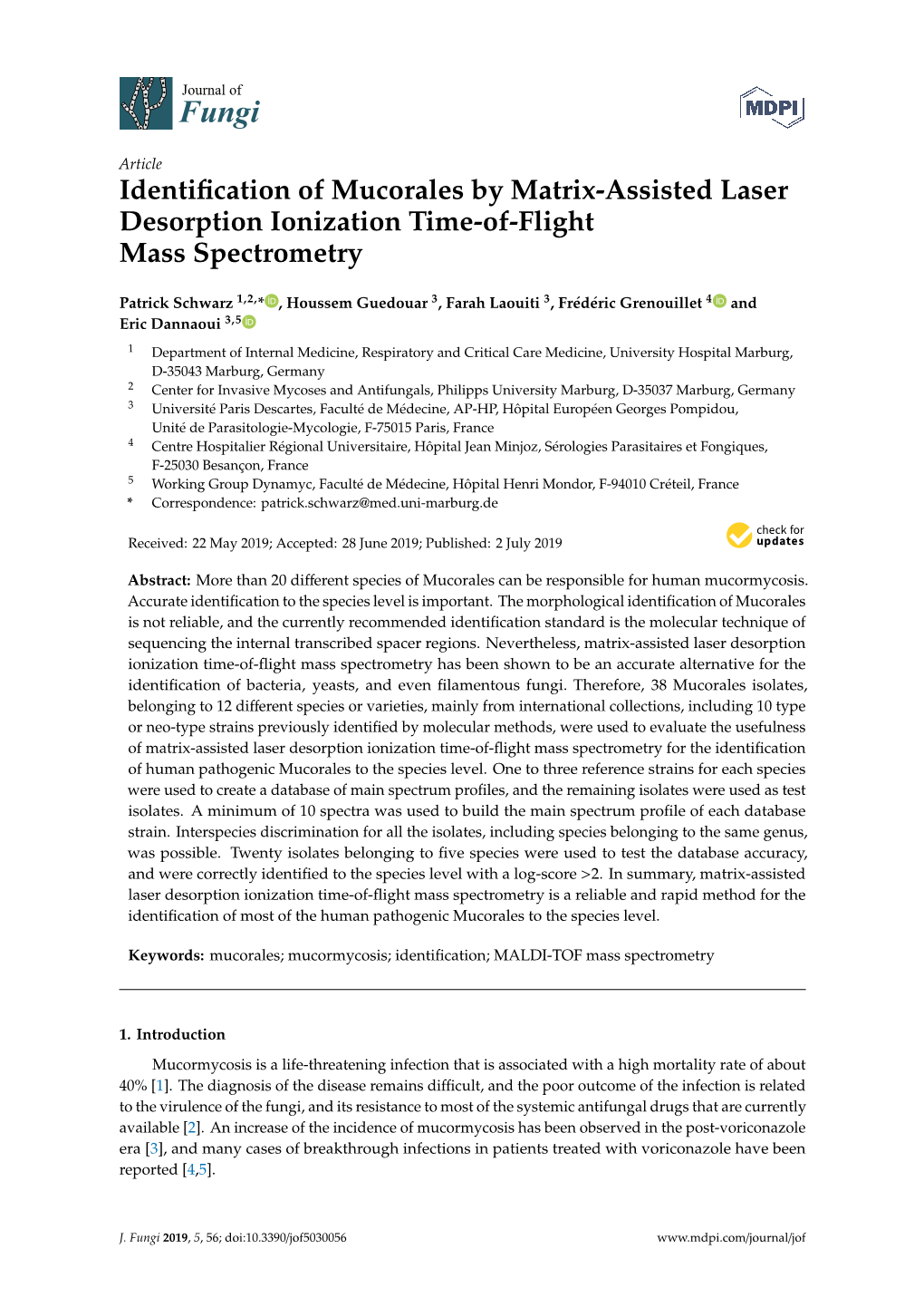 Identification of Mucorales by Matrix-Assisted Laser Desorption