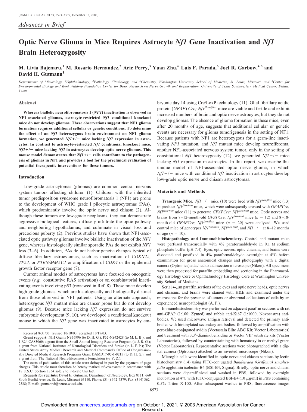 Optic Nerve Glioma in Mice Requires Astrocyte Nf1 Gene Inactivation and Nf1 Brain Heterozygosity