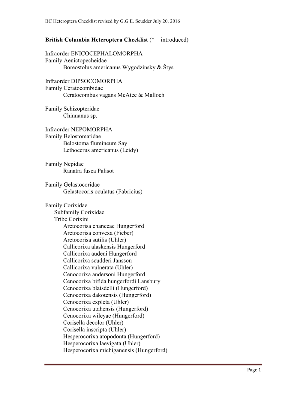 British Columbia Heteroptera Checklist (* = Introduced) Infraorder