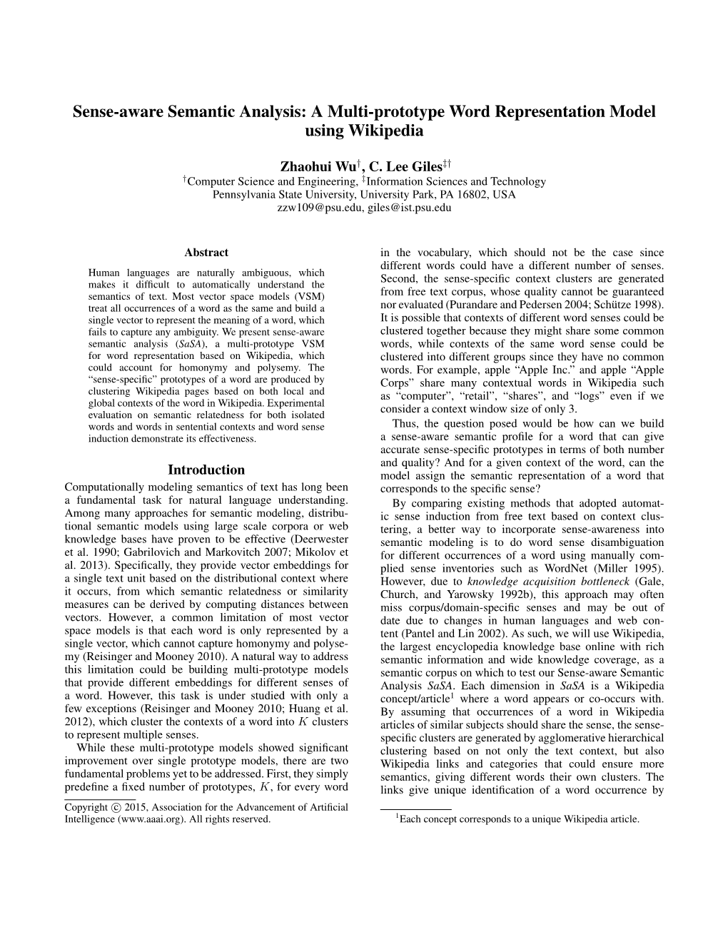 Sense-Aware Semantic Analysis: a Multi-Prototype Word Representation Model Using Wikipedia