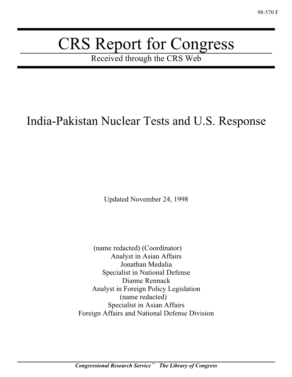 India-Pakistan Nuclear Tests and U.S. Response