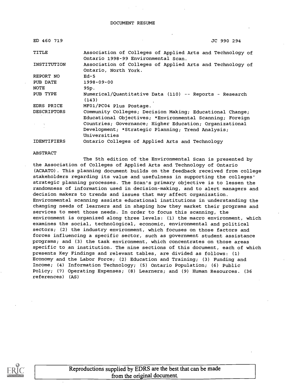 TITLE Association of Colleges of Applied Arts and Technology of Ontario 1998-99 Environmental Scan