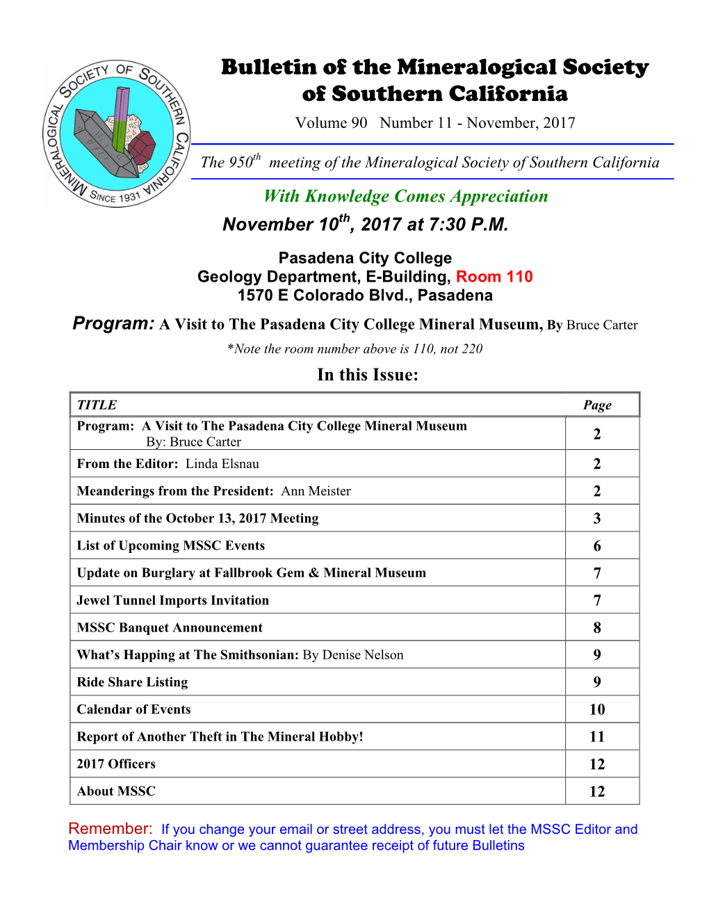 Bulletin of the Mineralogical Society of Southern California