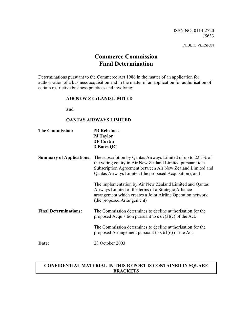 Commerce Commission Final Determination