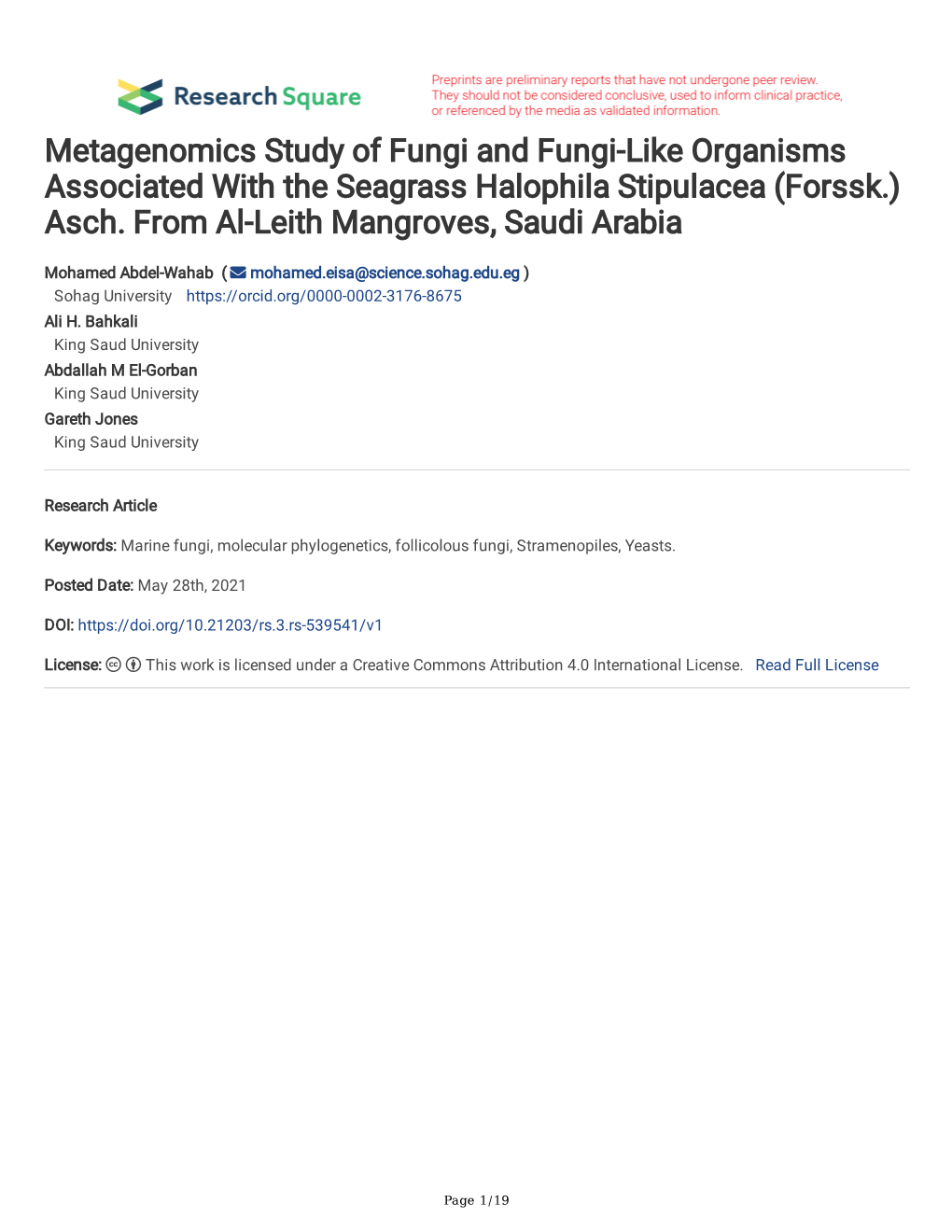 Metagenomics Study of Fungi and Fungi-Like Organisms Associated with the Seagrass Halophila Stipulacea (Forssk.) Asch. from Al-Leith Mangroves, Saudi Arabia