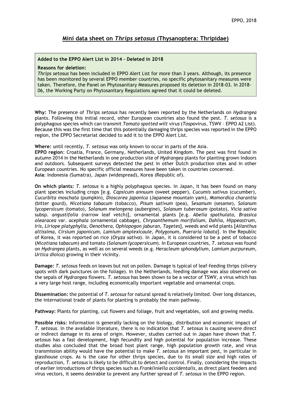 Mini Data Sheet on Thrips Setosus (Thysanoptera: Thripidae)