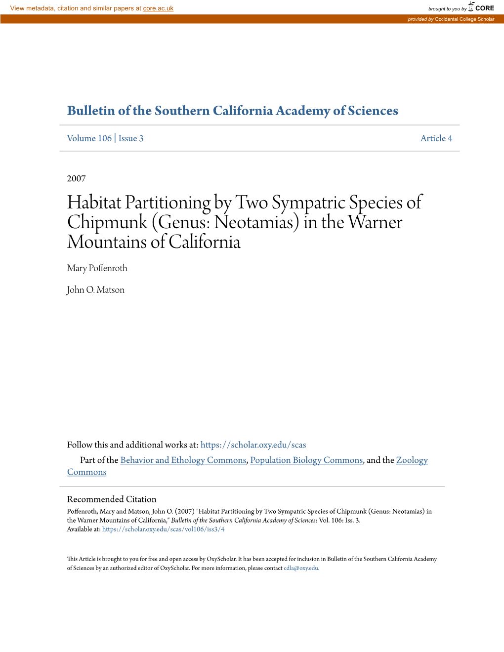 Habitat Partitioning by Two Sympatric Species of Chipmunk (Genus: Neotamias) in the Warner Mountains of California Mary Poffenroth