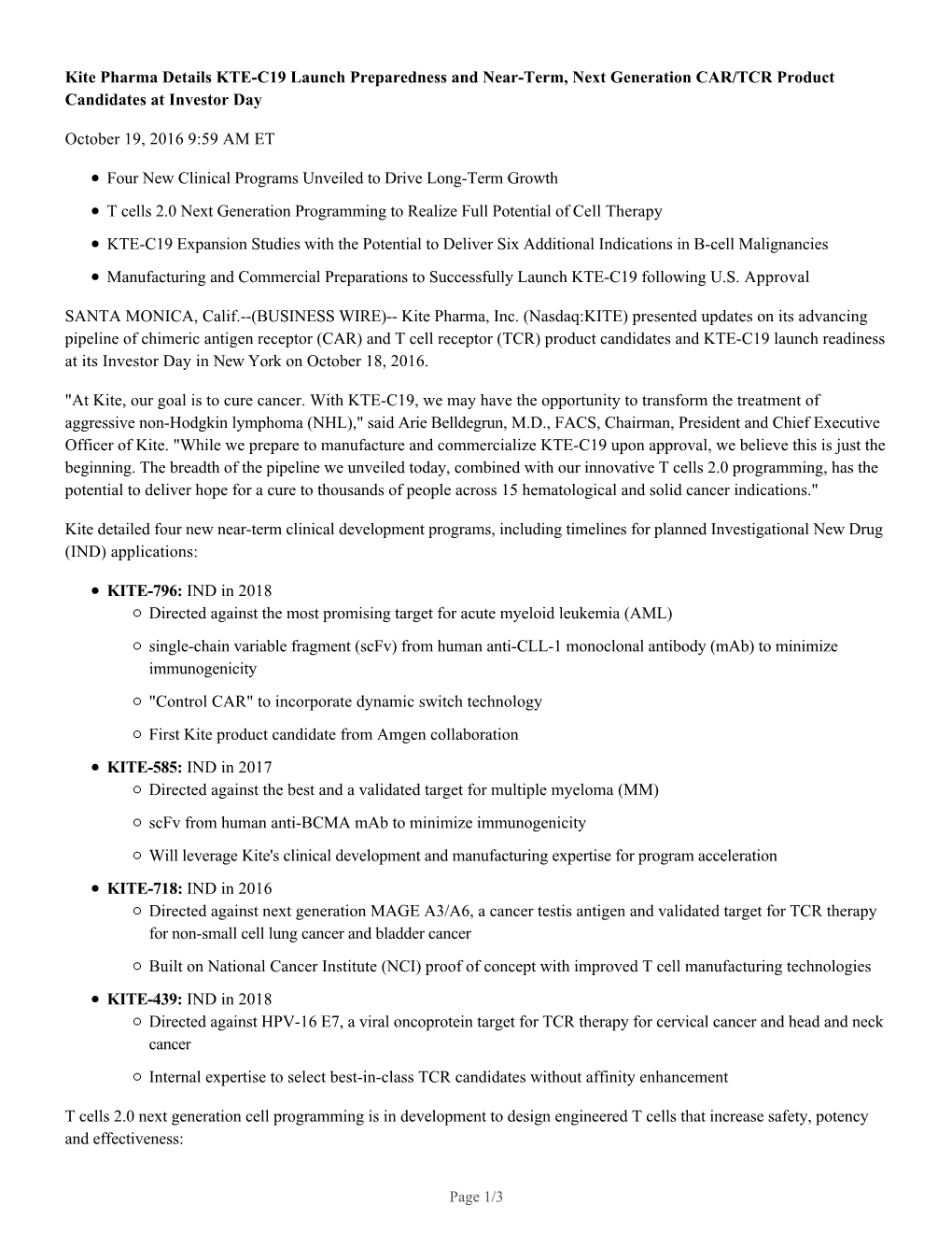 Kite Pharma Details KTE-C19 Launch Preparedness and Near-Term, Next Generation CAR/TCR Product Candidates at Investor Day