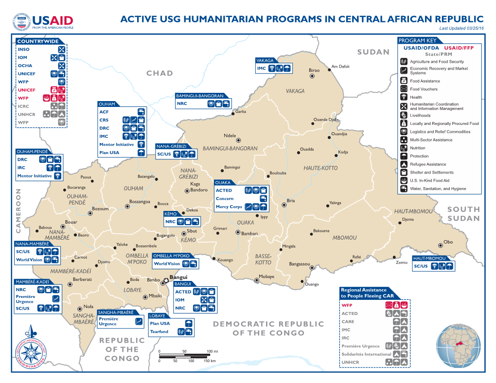 ACTIVE USG HUMANITARIAN PROGRAMS in CENTRAL AFRICAN REPUBLIC Last Updated 03/25/16