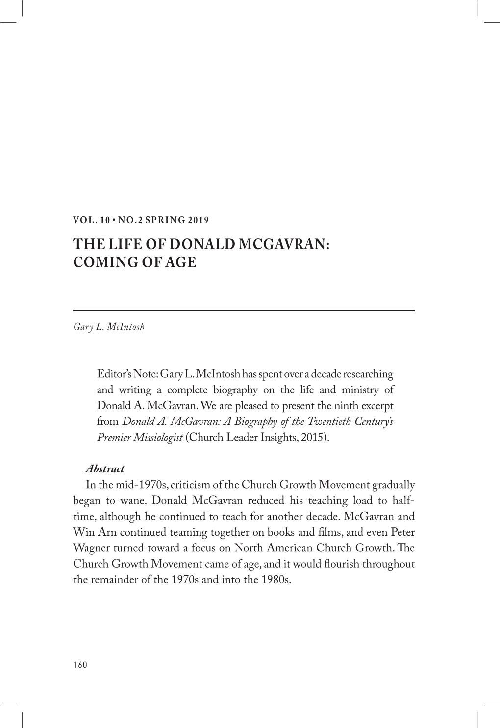 The Life of Donald Mcgavran: Coming of Age