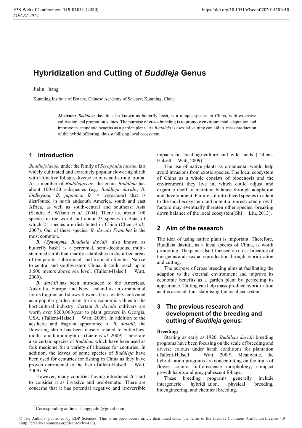 Hybridization and Cutting of Buddleja Genus