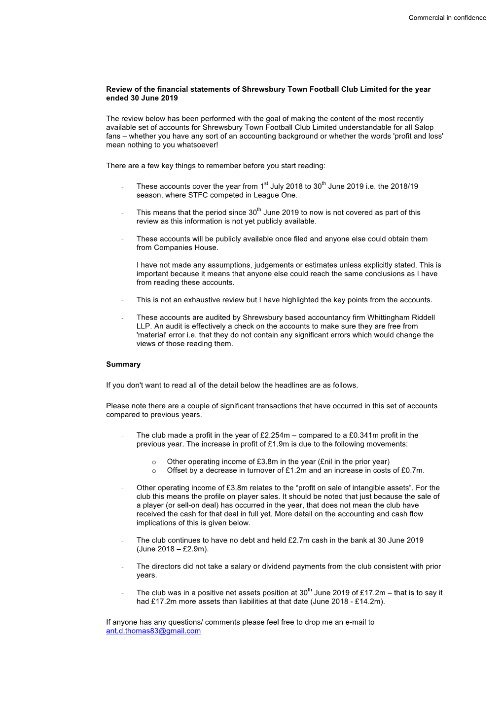 Review of the Financial Statements of Shrewsbury Town Football Club Limited for the Year Ended 30 June 2019