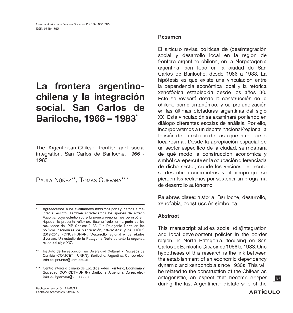 La Frontera Argentino-Chilena Y La Integración Social: San Carlos De