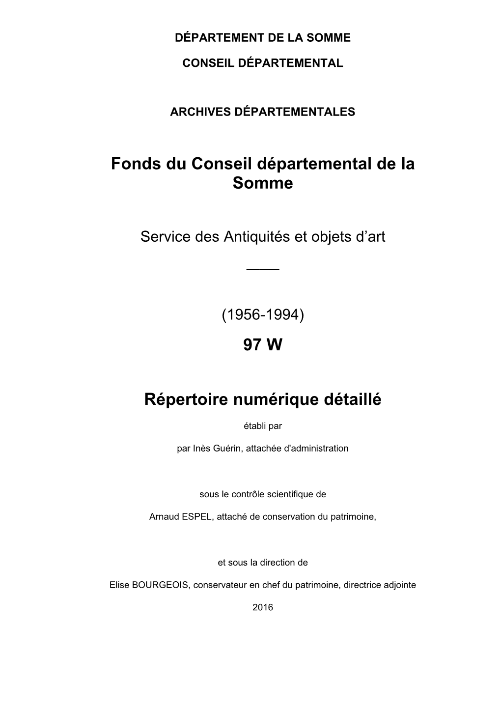 Fonds Du Conseil Départemental De La Somme 97 W Répertoire Numérique Détaillé