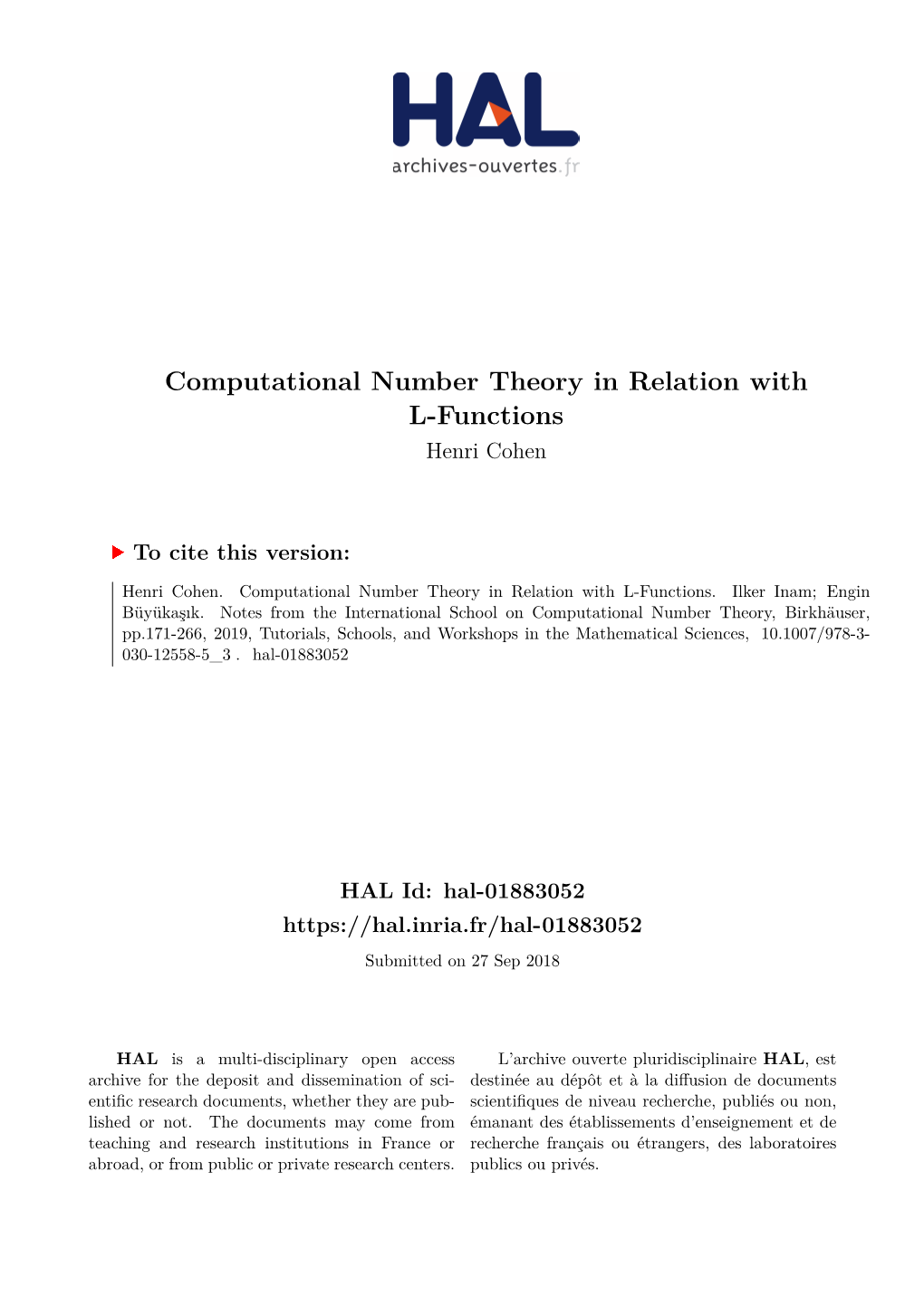 Computational Number Theory in Relation with L-Functions Henri Cohen