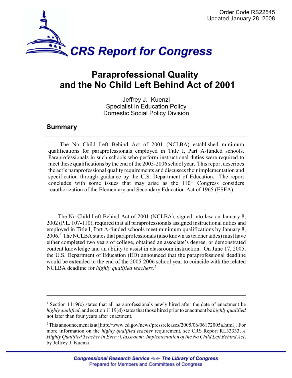 Paraprofessional Quality and the No Child Left Behind Act of 2001