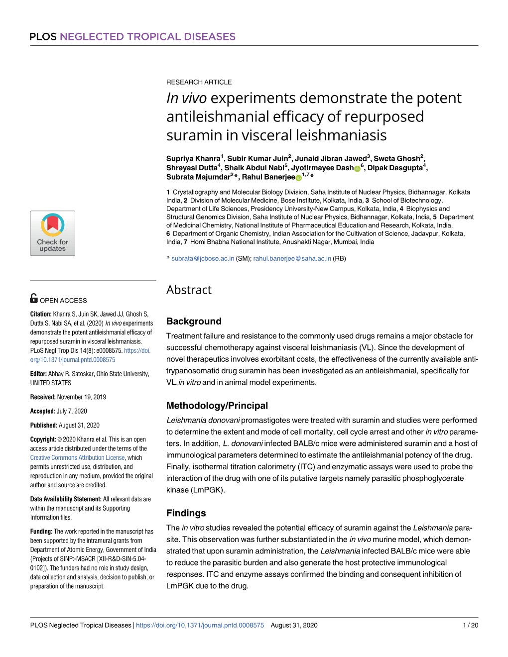 In Vivo Experiments Demonstrate the Potent Antileishmanial Efficacy of Repurposed Suramin in Visceral Leishmaniasis