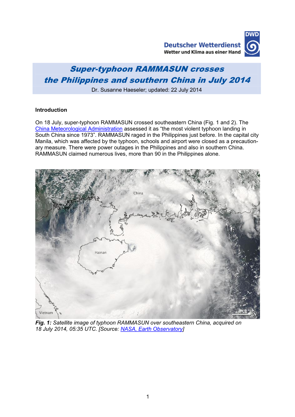 Super-Typhoon RAMMASUN Crosses the Philippines and Southern China in July 2014 Dr