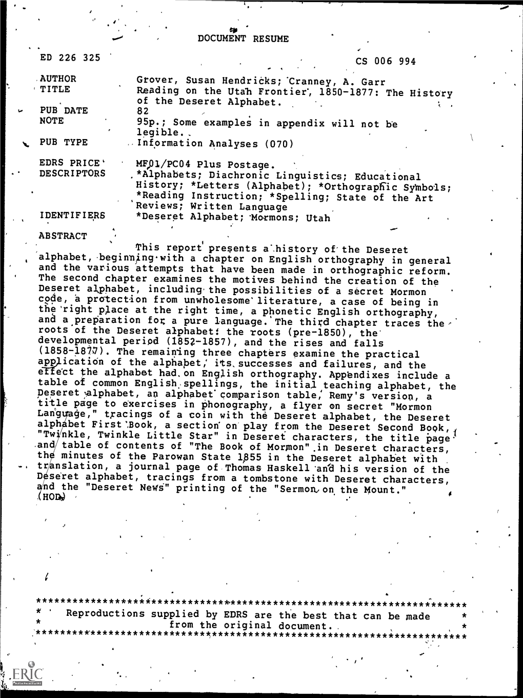 TITLE ABSTRACT DOCUMENT RESUME CS 006 994 Grover, Susan Hendri6ts;'Cranney, A. Garr 95P.; Some Examples in Appendix Will Not Be