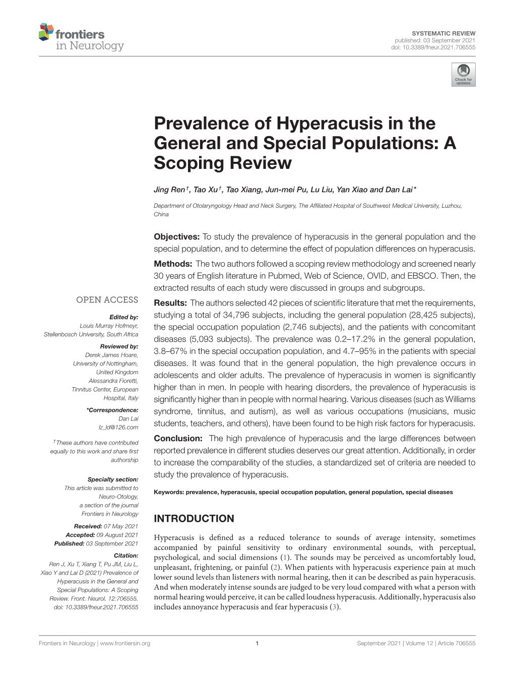 Prevalence of Hyperacusis in the General and Special Populations: a Scoping Review