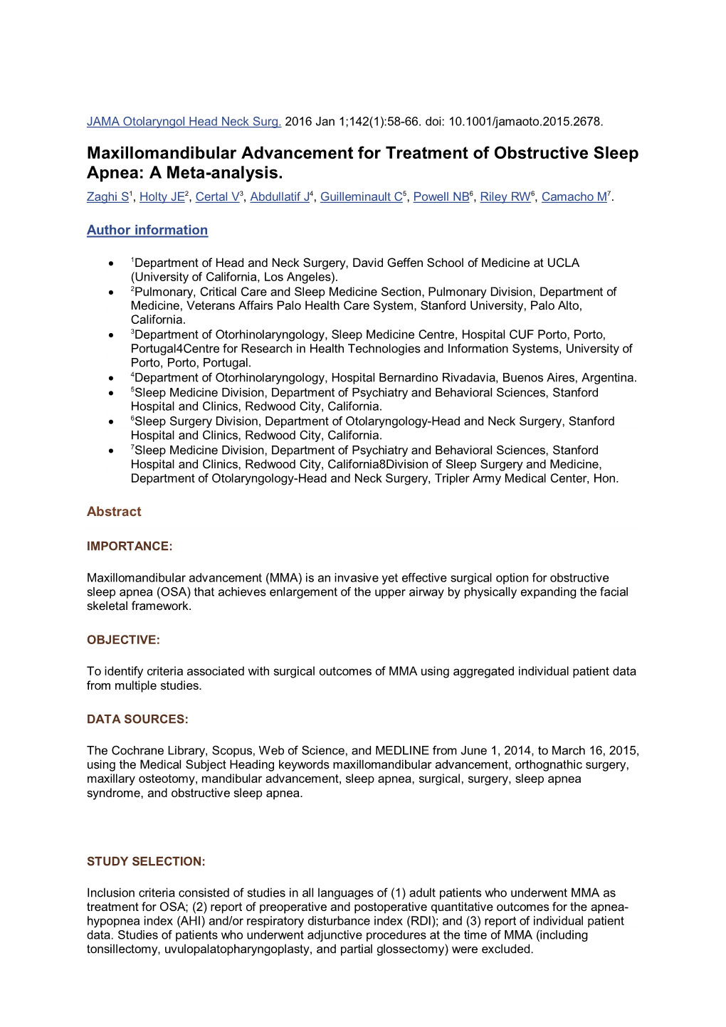 Maxillomandibular Advancement for Treatment of Obstructive Sleep Apnea: a Meta-Analysis