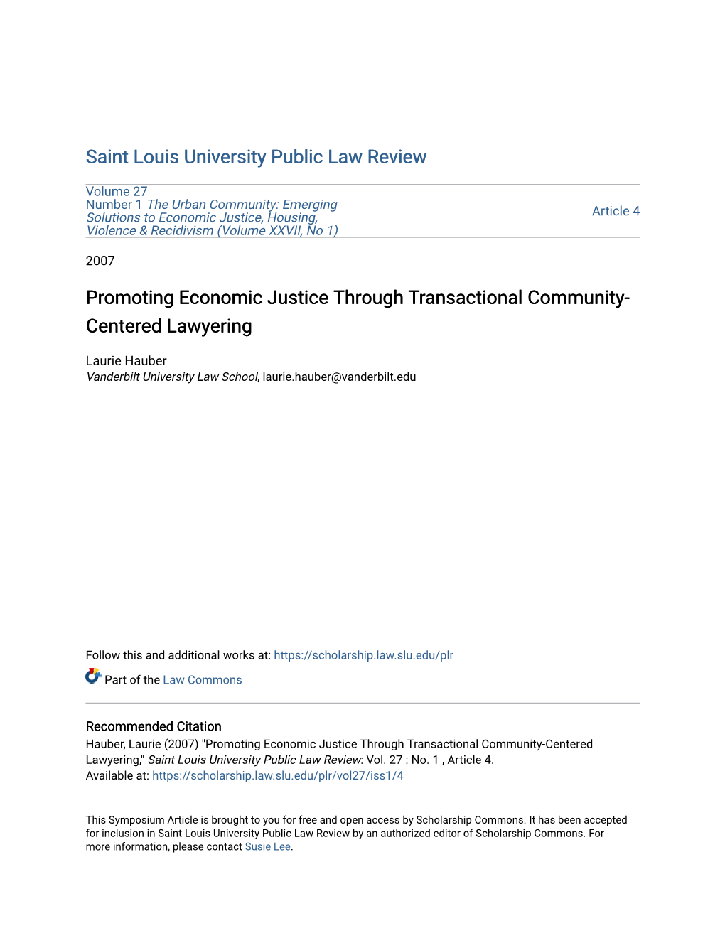 Promoting Economic Justice Through Transactional Community-Centered Lawyering," Saint Louis University Public Law Review: Vol