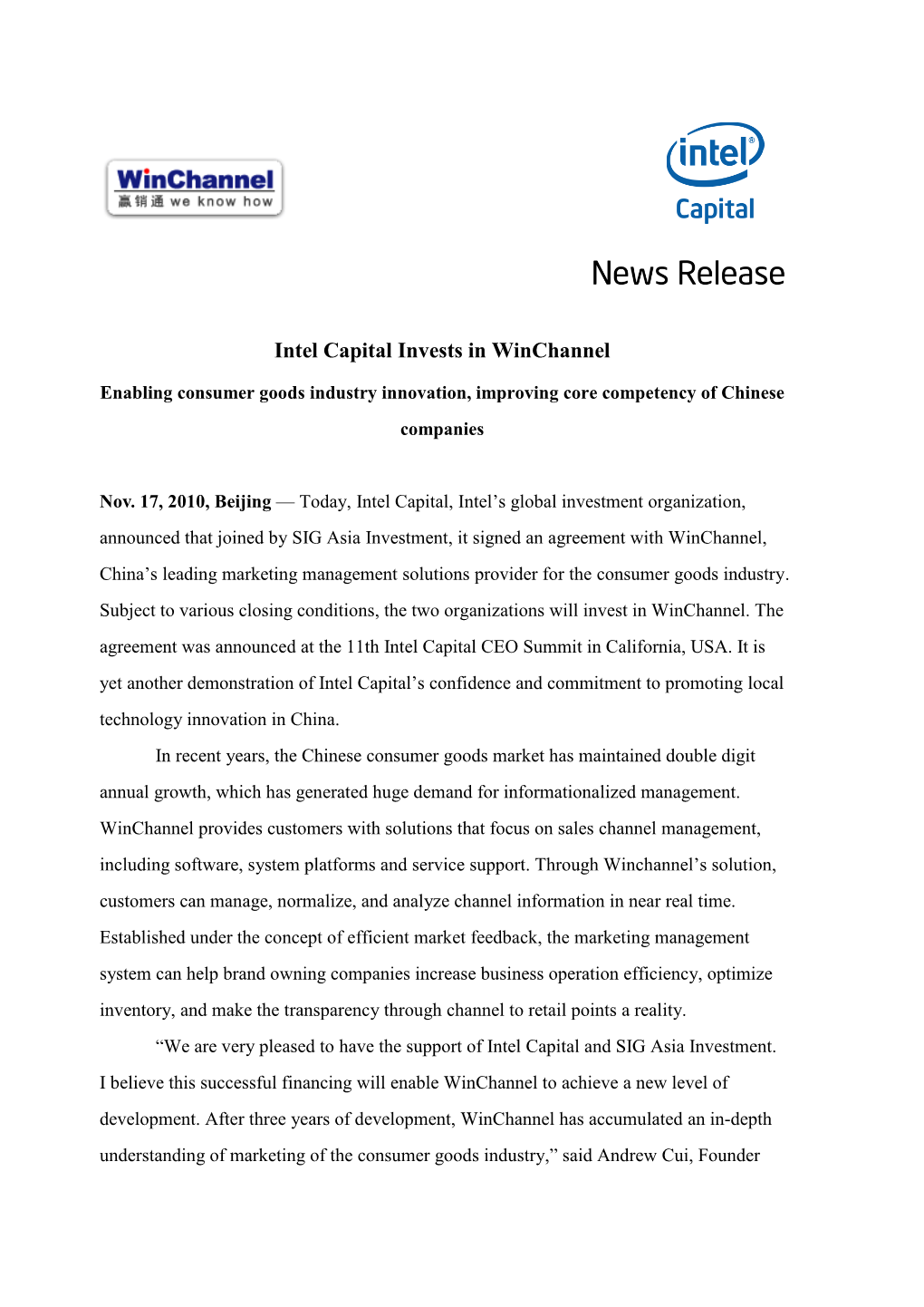 Intel Capital Invests in Winchannel