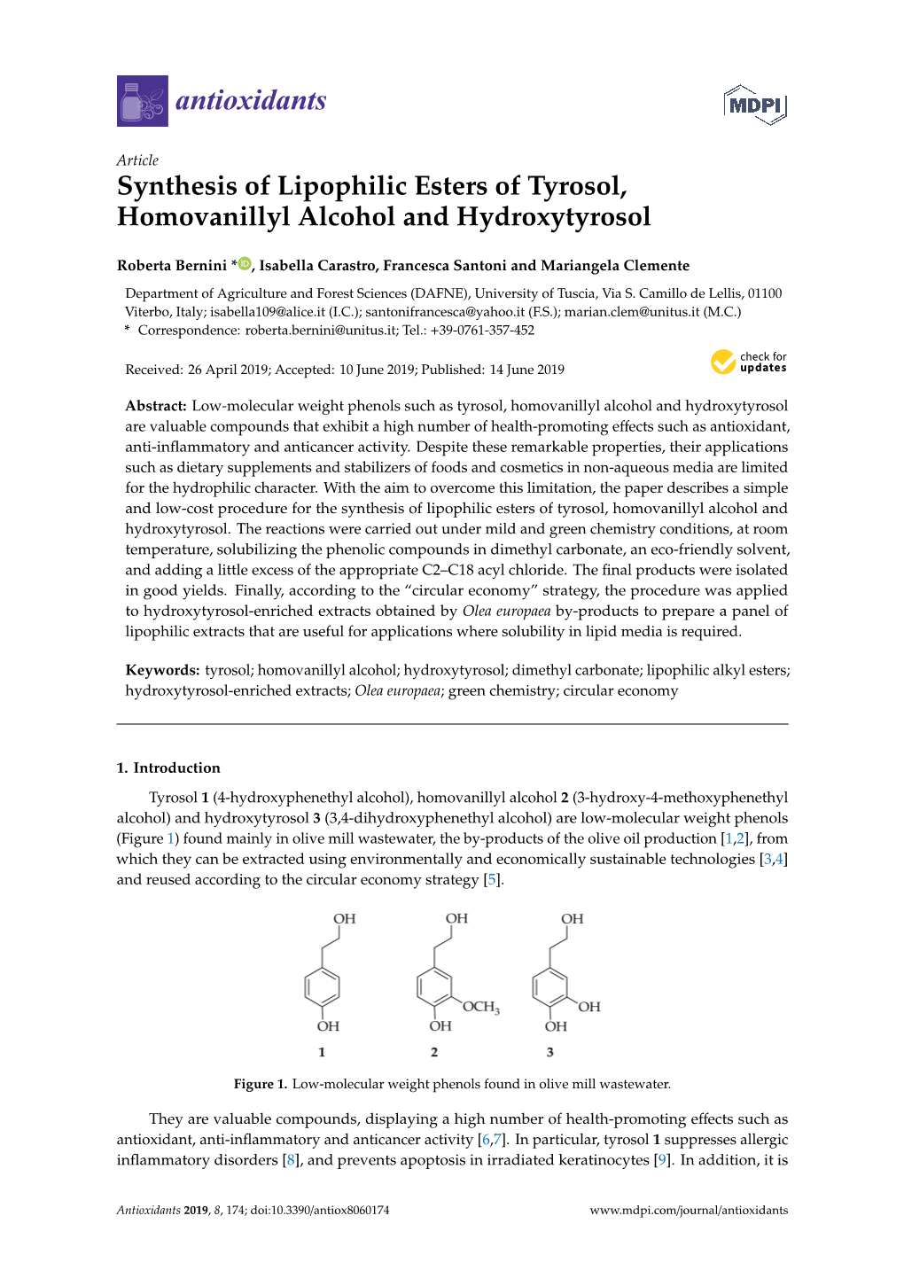 Synthesis of Lipophilic Esters of Tyrosol, Homovanillyl Alcohol and Hydroxytyrosol