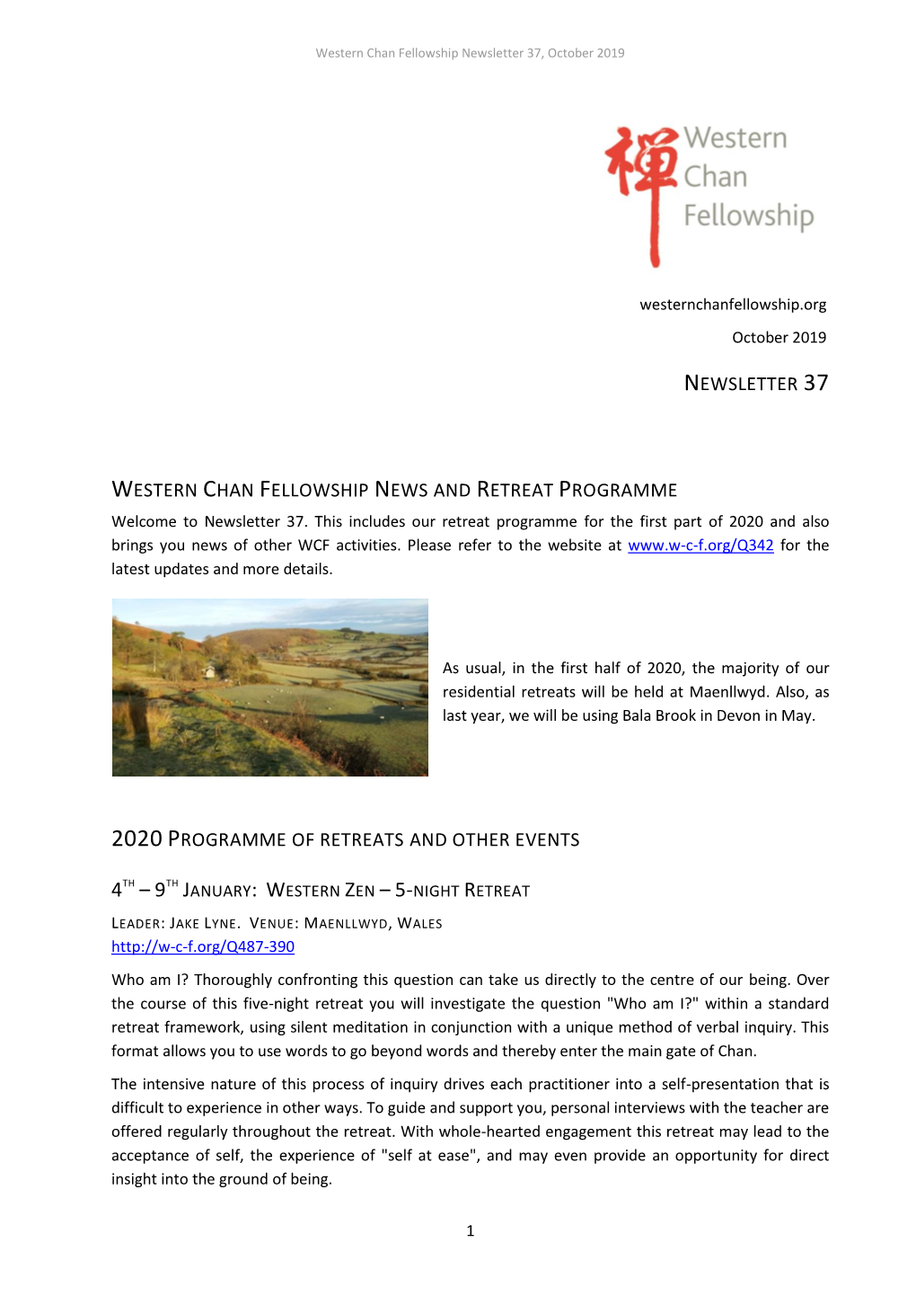 Newsletter 37 Western Chan Fellowship News and Retreat Programme