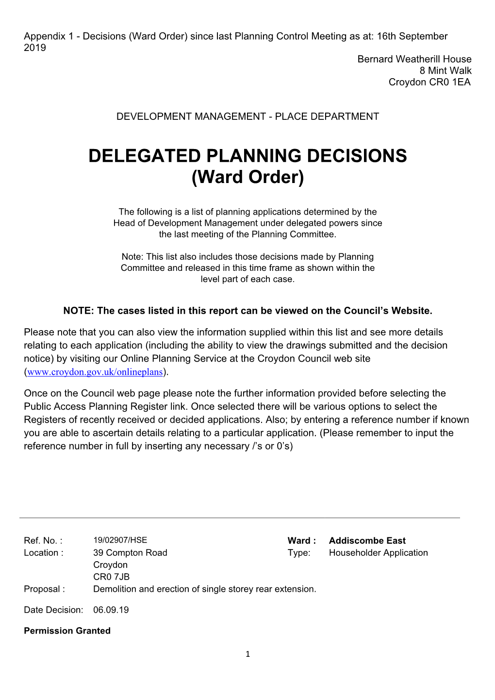 DELEGATED PLANNING DECISIONS (Ward Order)