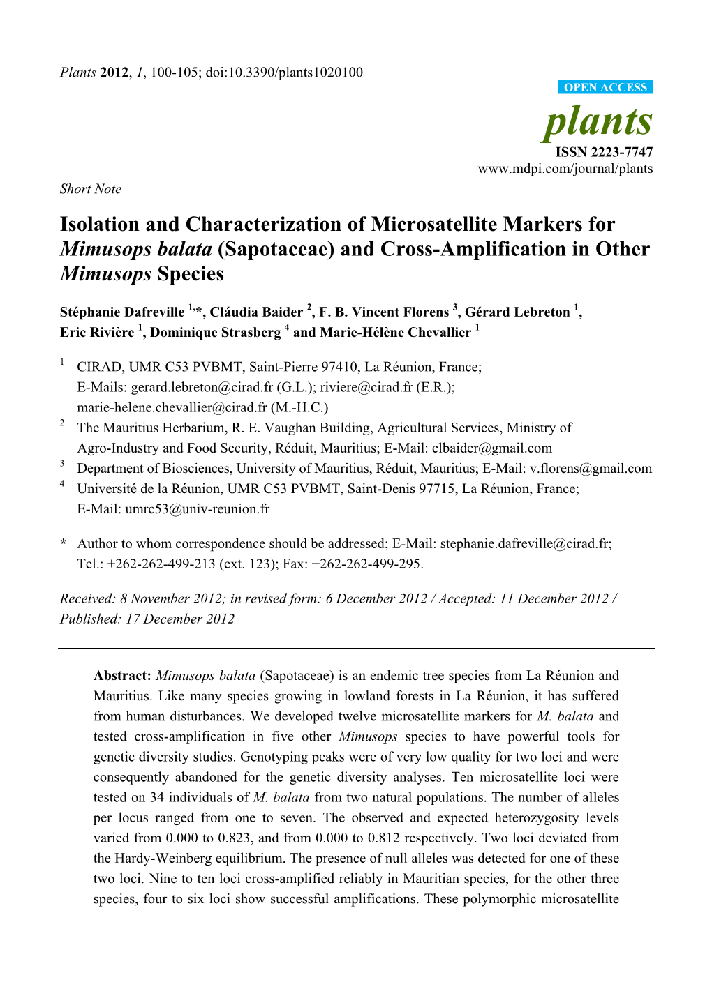 Isolation and Characterization of Microsatellite Markers for Mimusops Balata (Sapotaceae) and Cross-Amplification in Other Mimusops Species